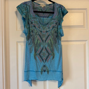 Women's Live and Let Live Top Size S Blue Beaded Screenprinted Feather